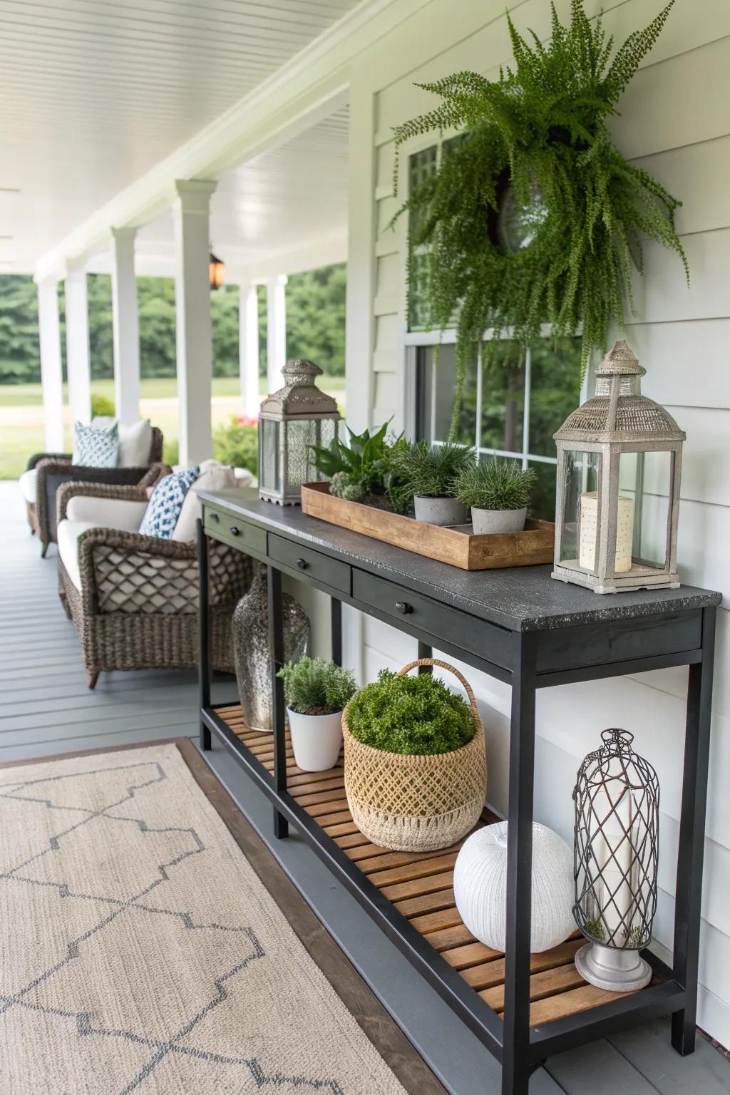 A console table adds both function and style to the porch.