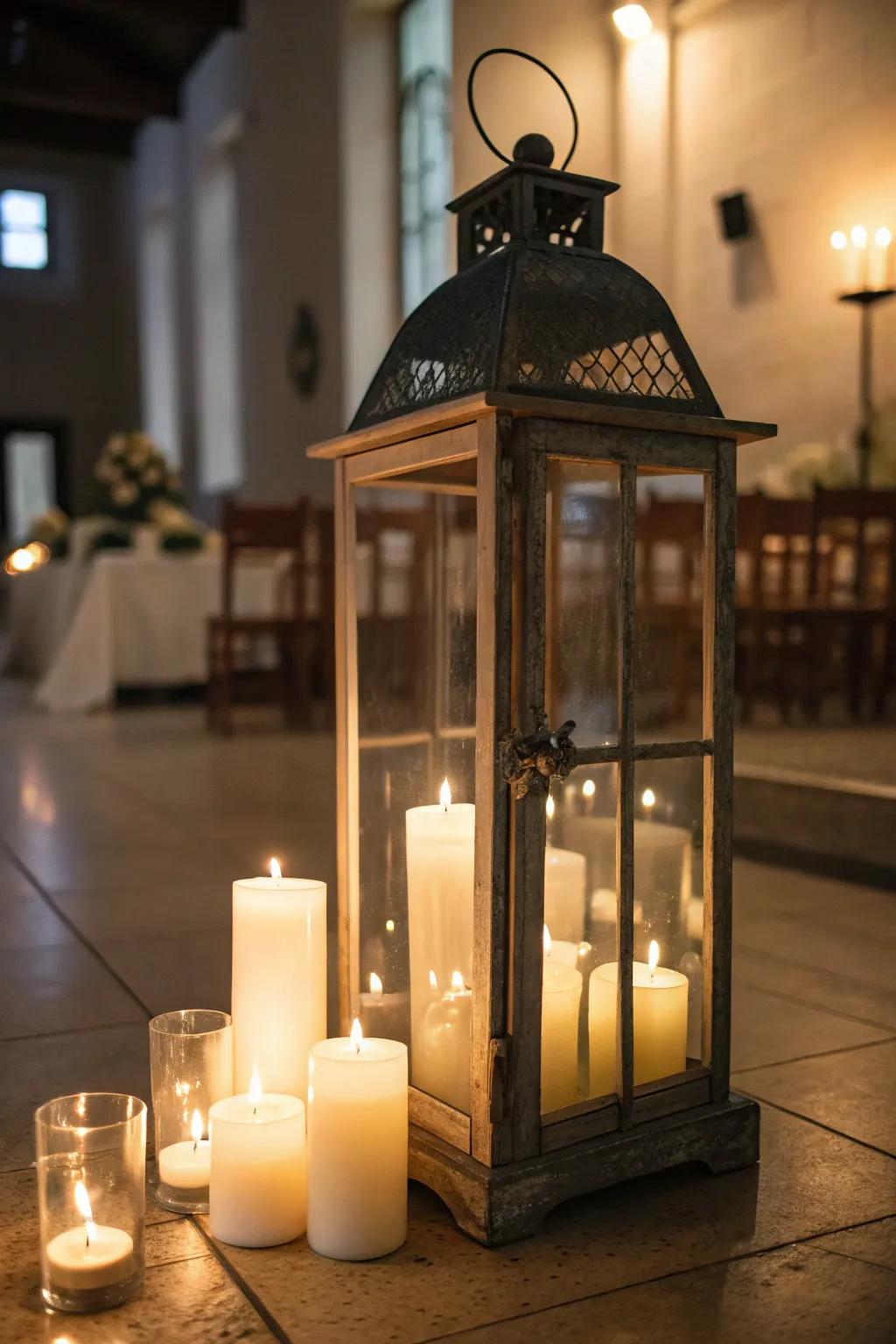 Create drama with clustered candles in a lantern.