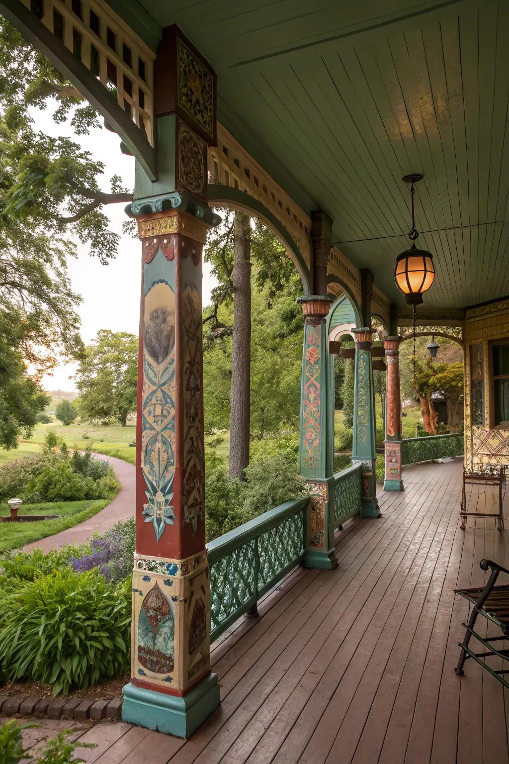 Artistic flair turns porch pillars into a creative masterpiece.