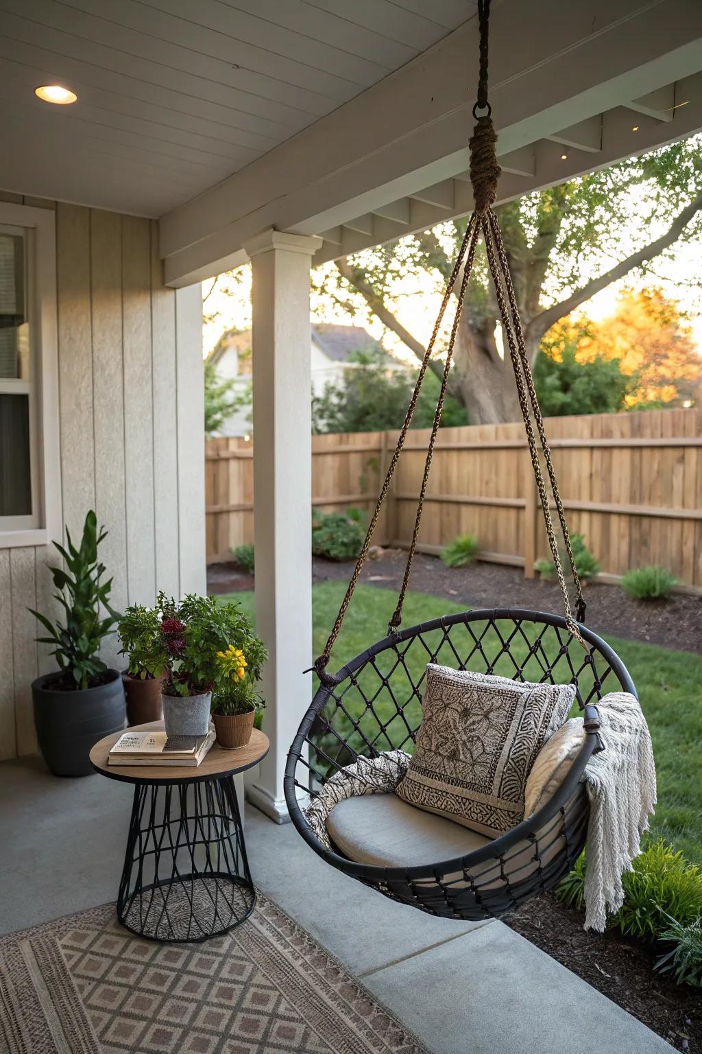 A hanging chair adds a fun and unique element to your porch.