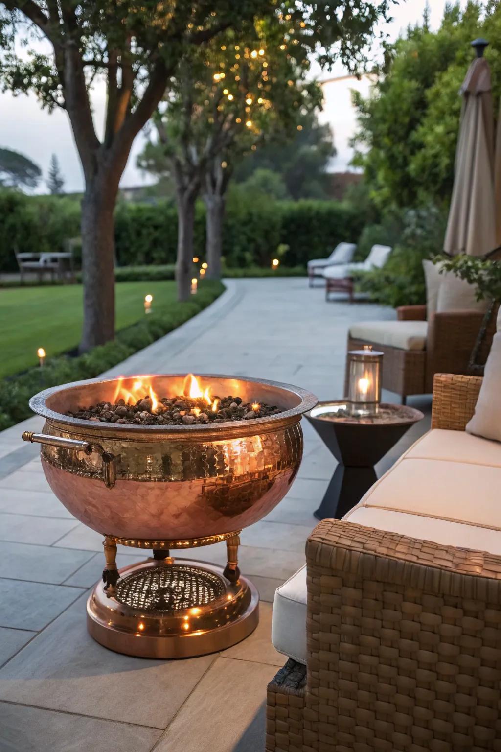 Artisan copper fire pits add elegance and warmth to outdoor settings.