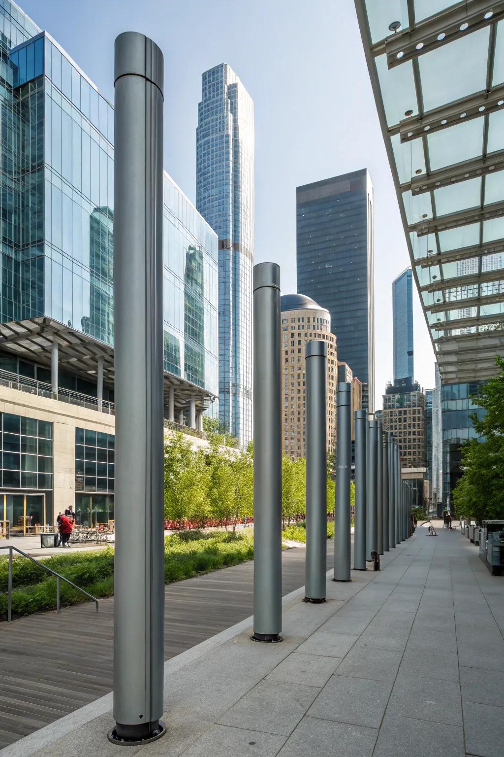 Industrial metal sheeting gives porch posts a sleek, modern edge.