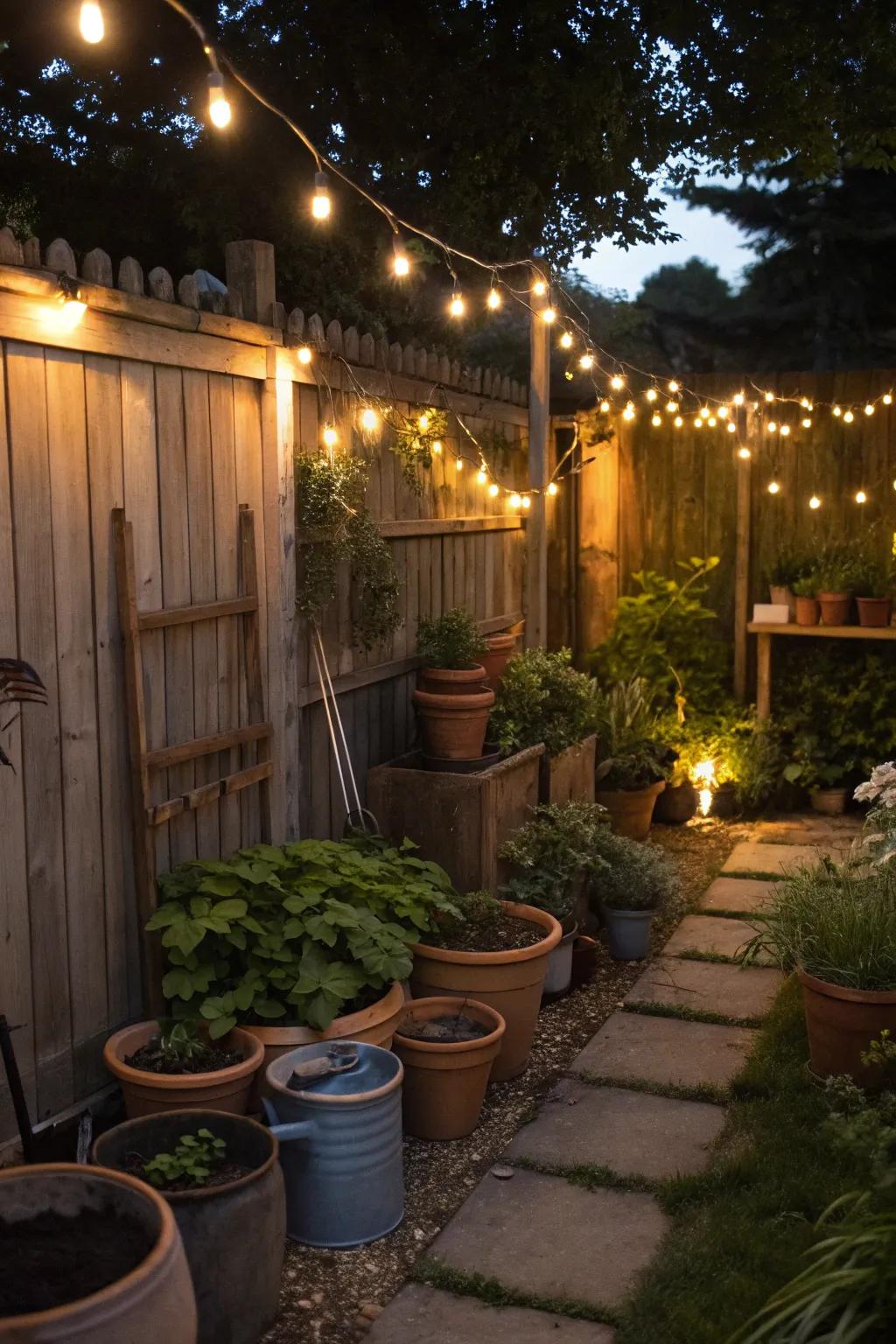 Fairy lights add a touch of magic to a potting area.
