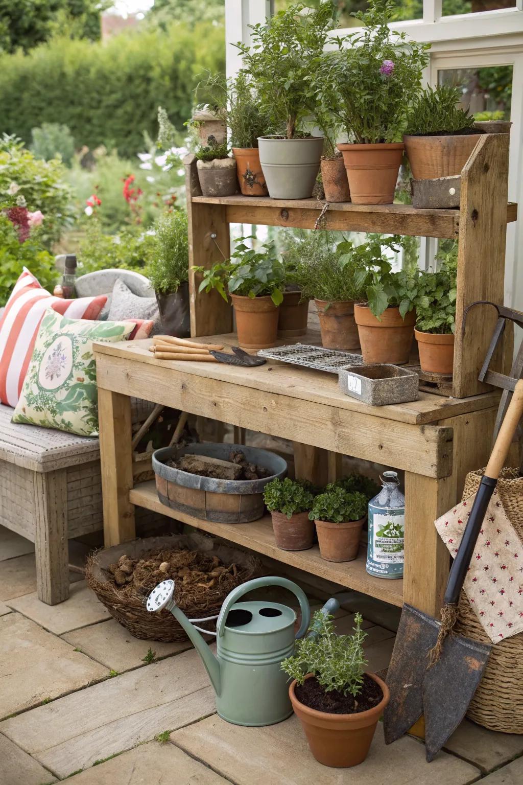 A distinctive potting station crafted from reclaimed materials.
