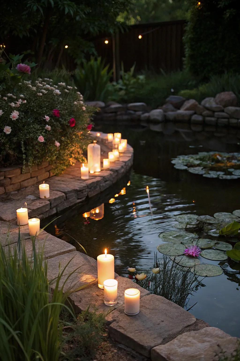 Floating candles casting a warm glow over a preformed pond.