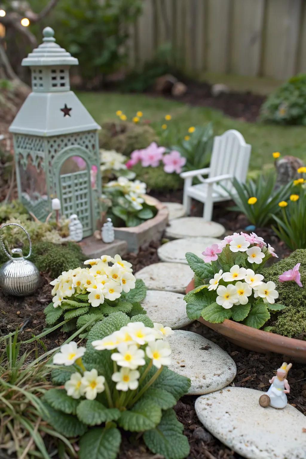Primroses create a whimsical fairy garden.