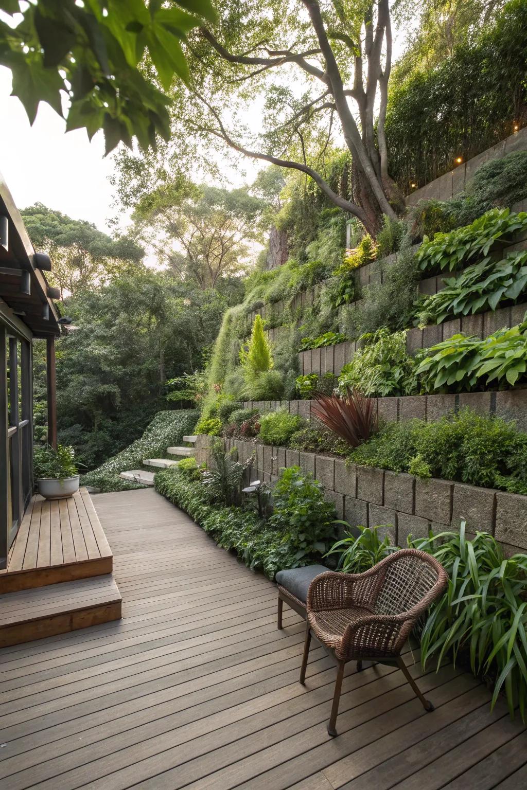 Terraced garden walls add depth and natural privacy.