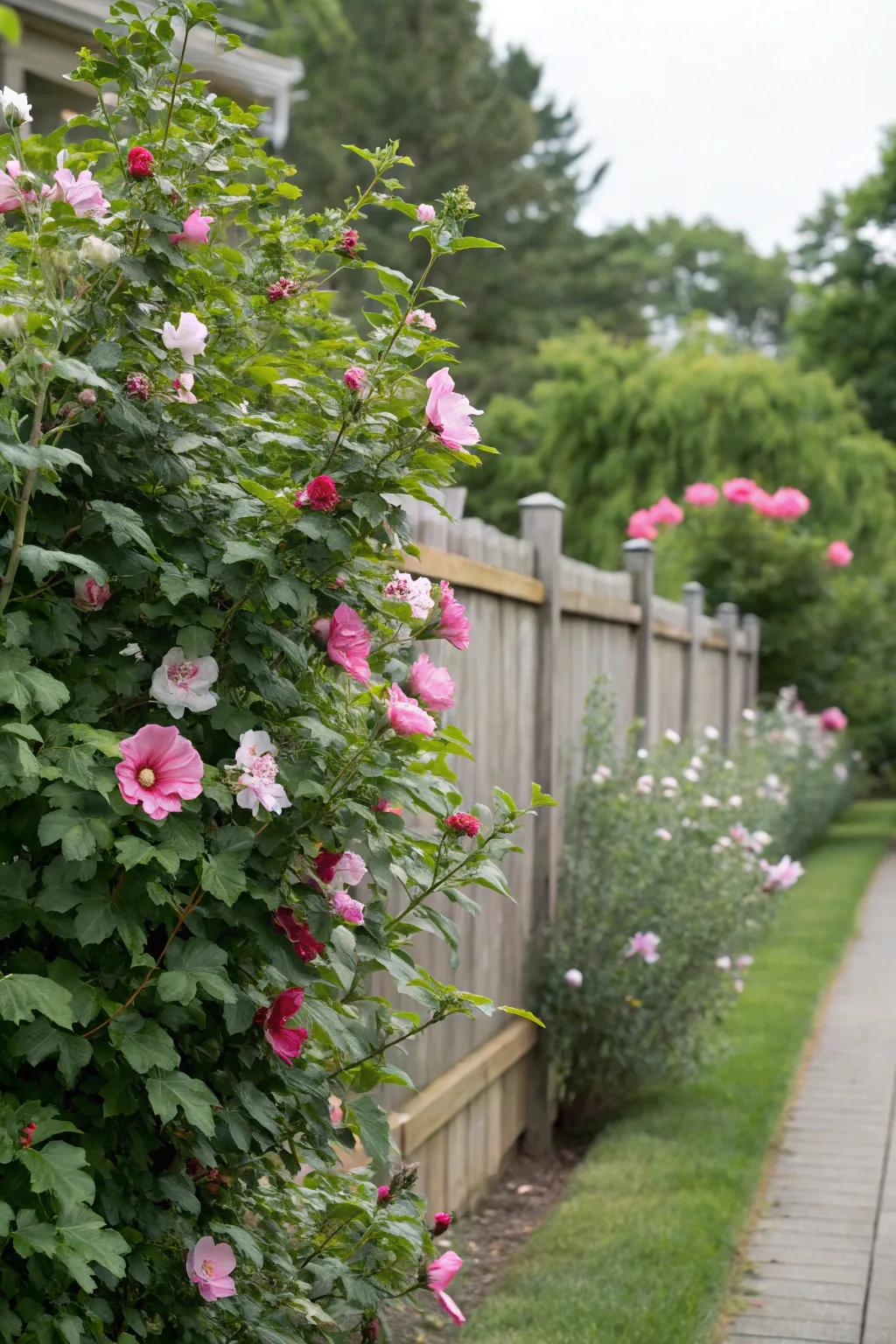 Rose of Sharon providing a colorful and space-efficient privacy screen.