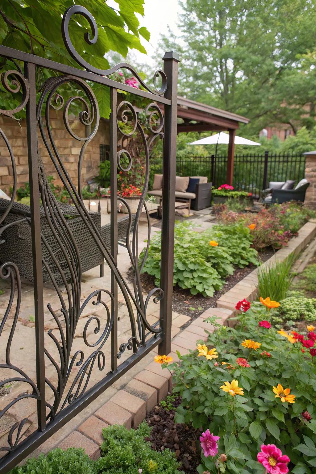 An artistic wrought iron fence with abstract patterns for creative flair.