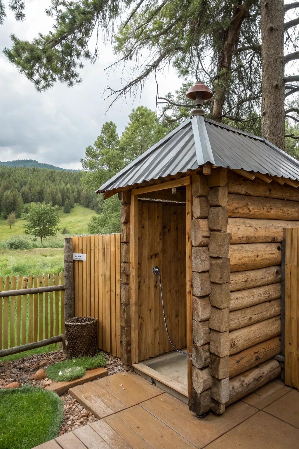 Rustic cabin charm with logs and tin for a cozy shower retreat.