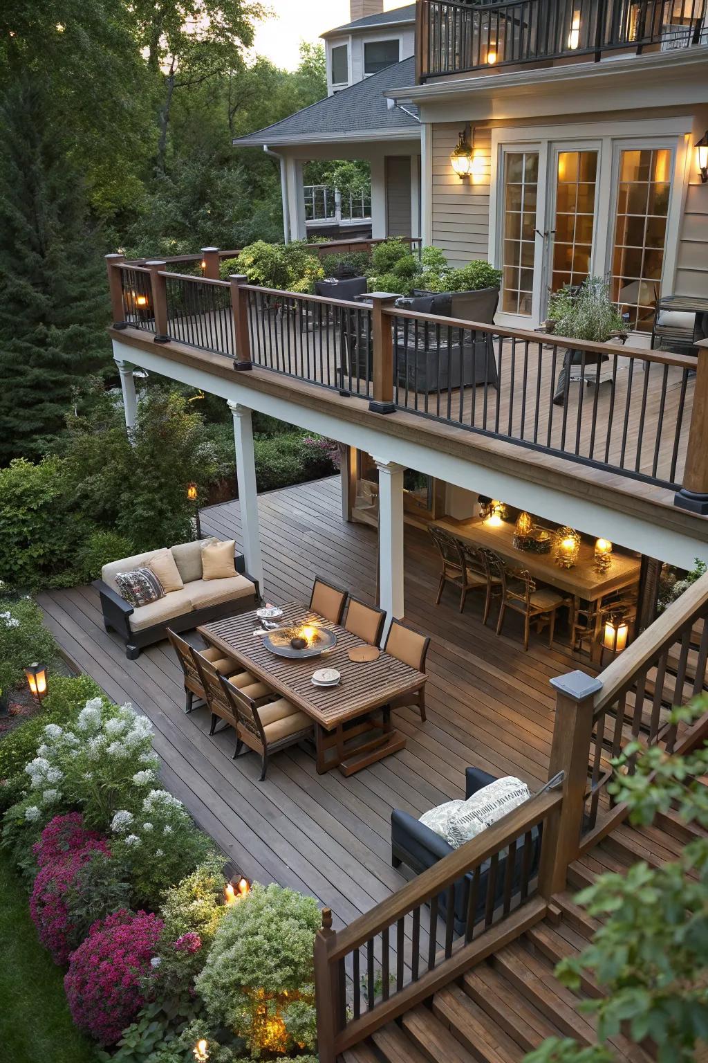 Multi-level decking adds interest and defines spaces.