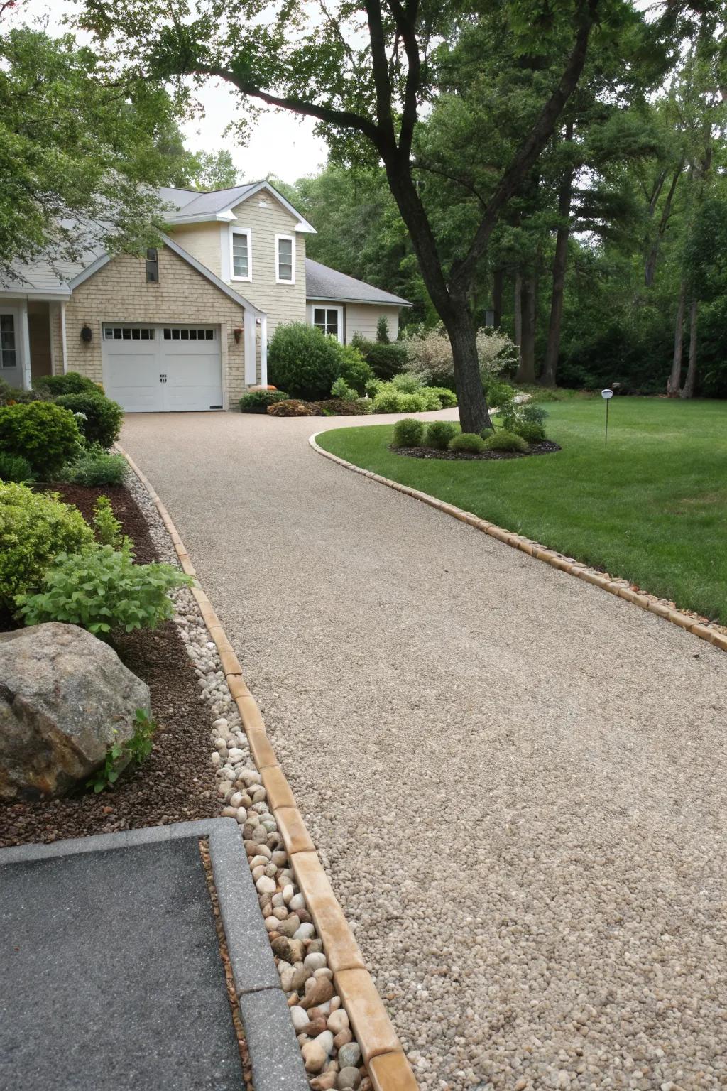 Gravel borders offer a neat and tidy appearance along driveways.