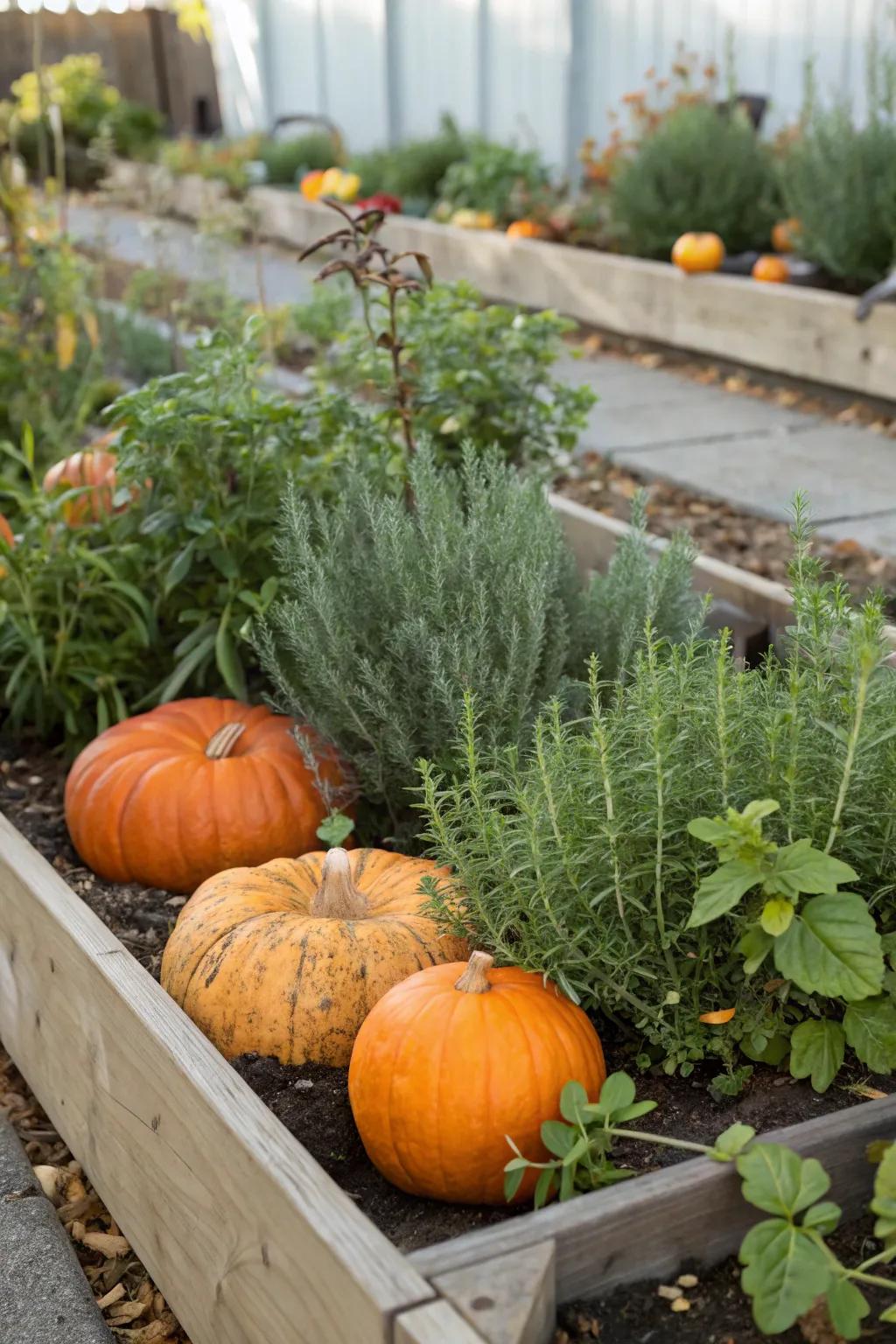 A harmonious garden bed featuring pumpkins and aromatic herbs.