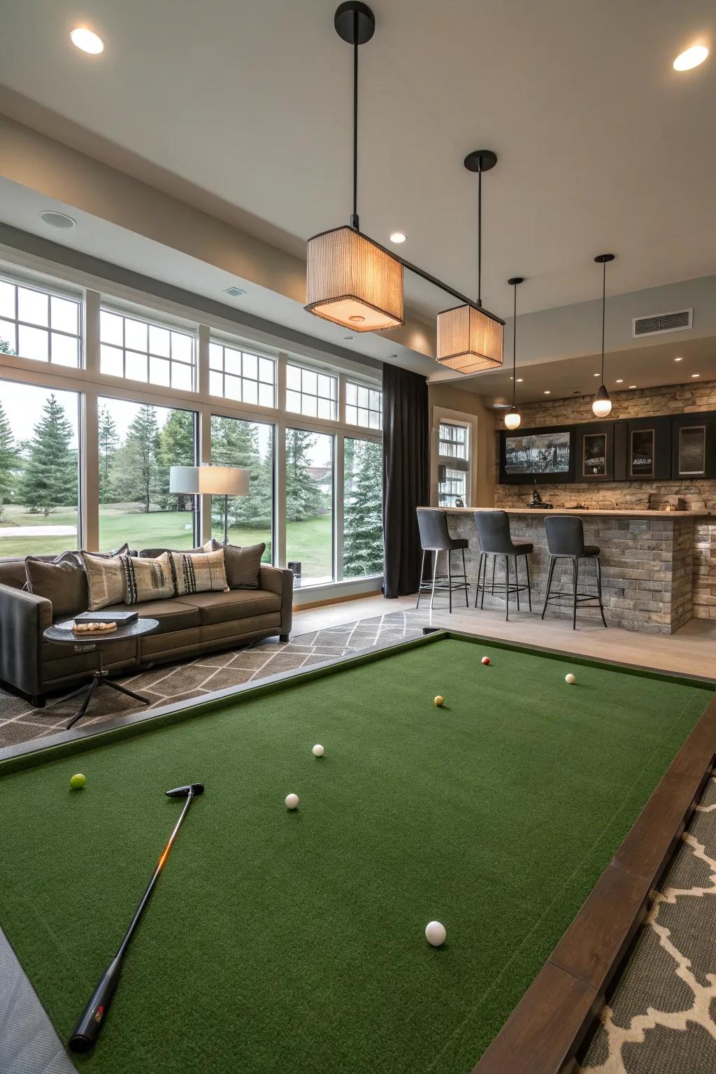 Indoor greens ensure you can practice your putts anytime.