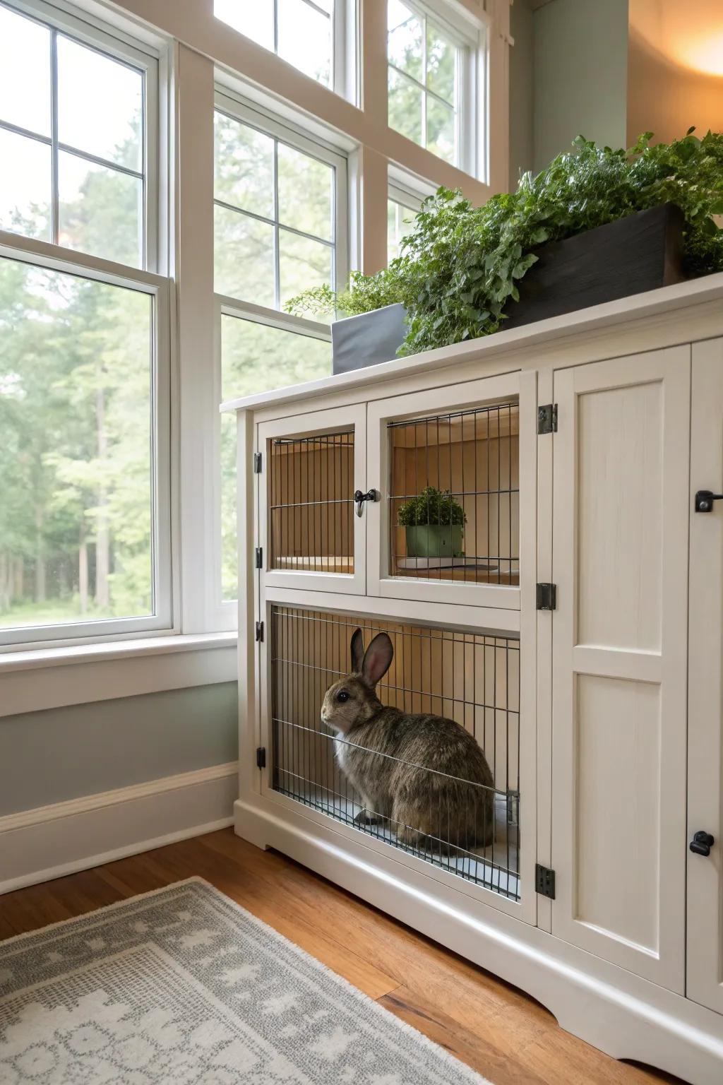 A built-in wall unit that seamlessly integrates a rabbit habitat.