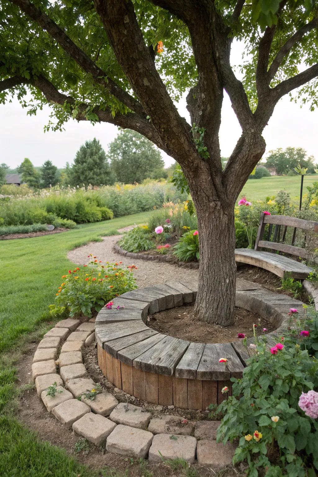 Cozy tree seating crafted from railroad ties.