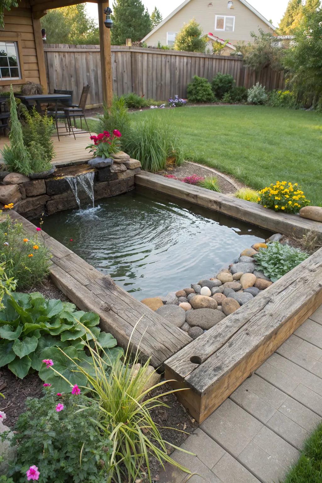 Enhance tranquility with a railroad tie water feature.