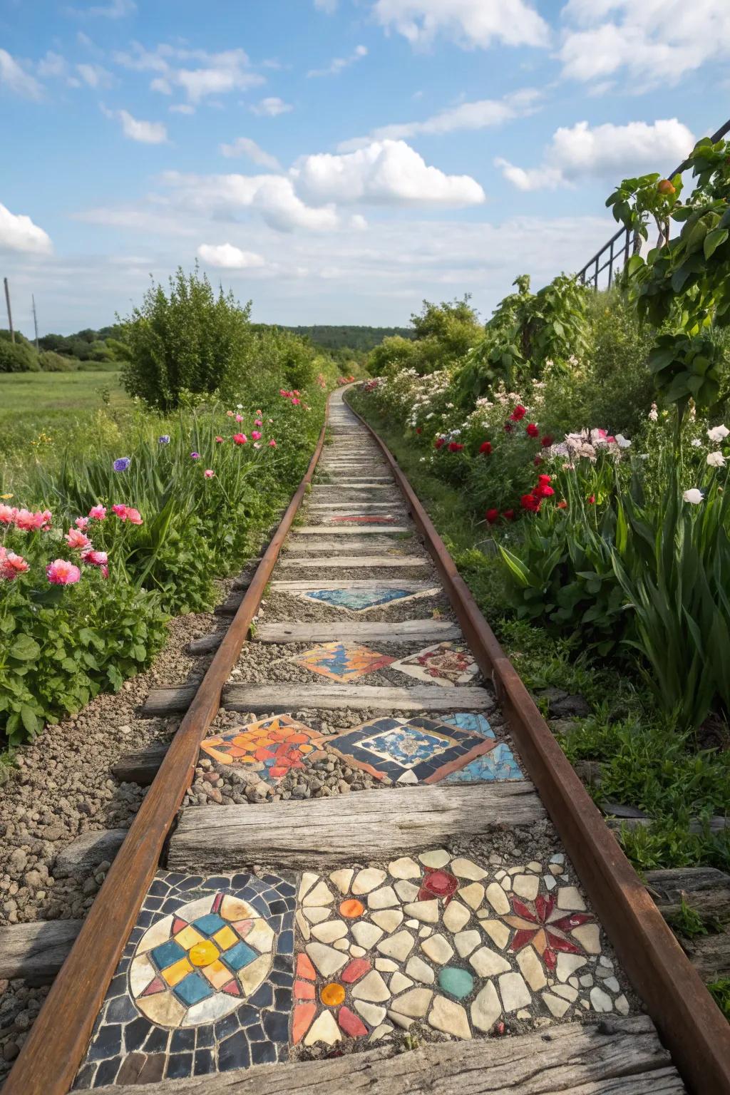 A vibrant mosaic path framed by railroad ties.