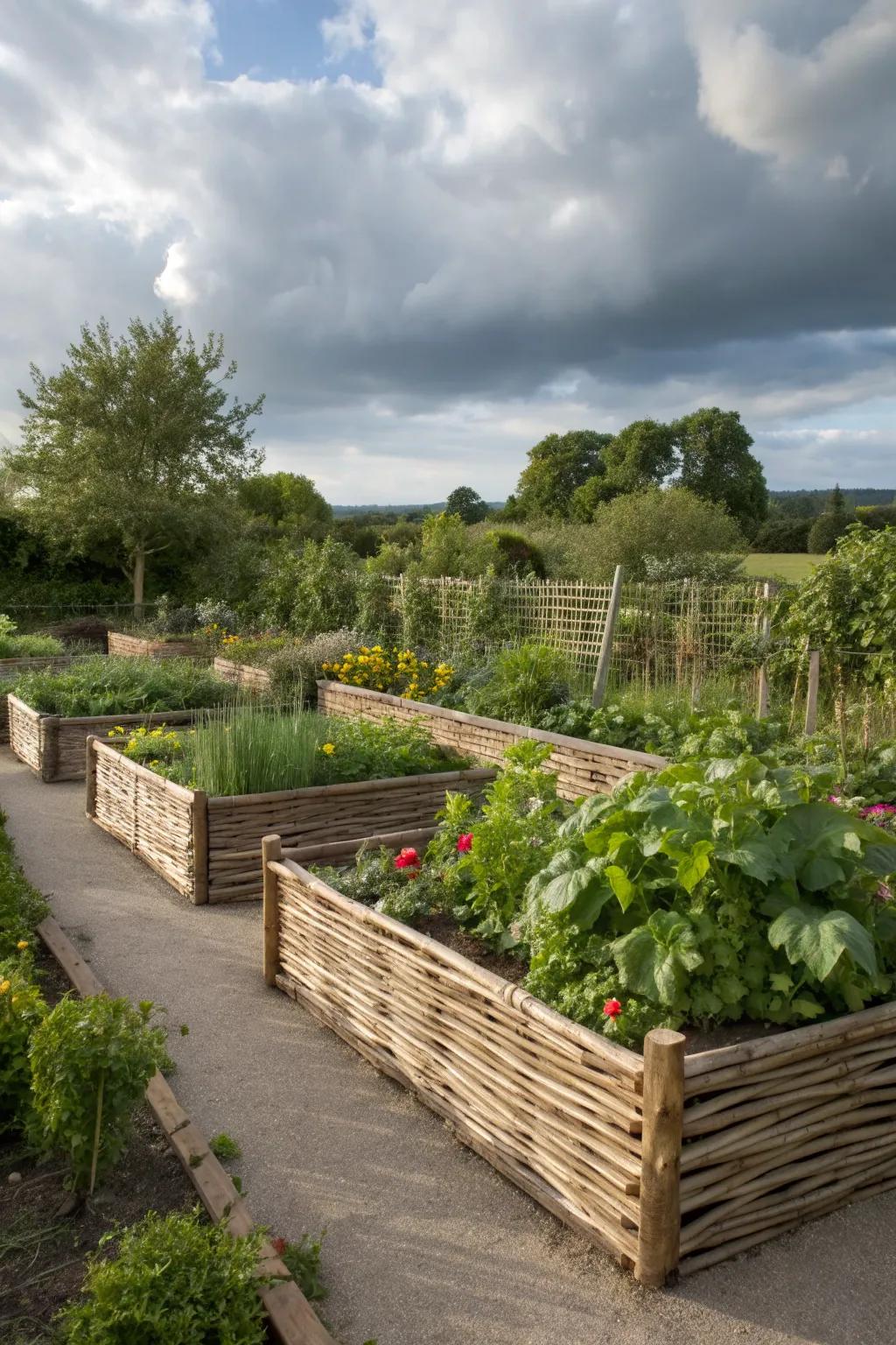 Wattle fencing offers a charming, handcrafted look to garden borders.