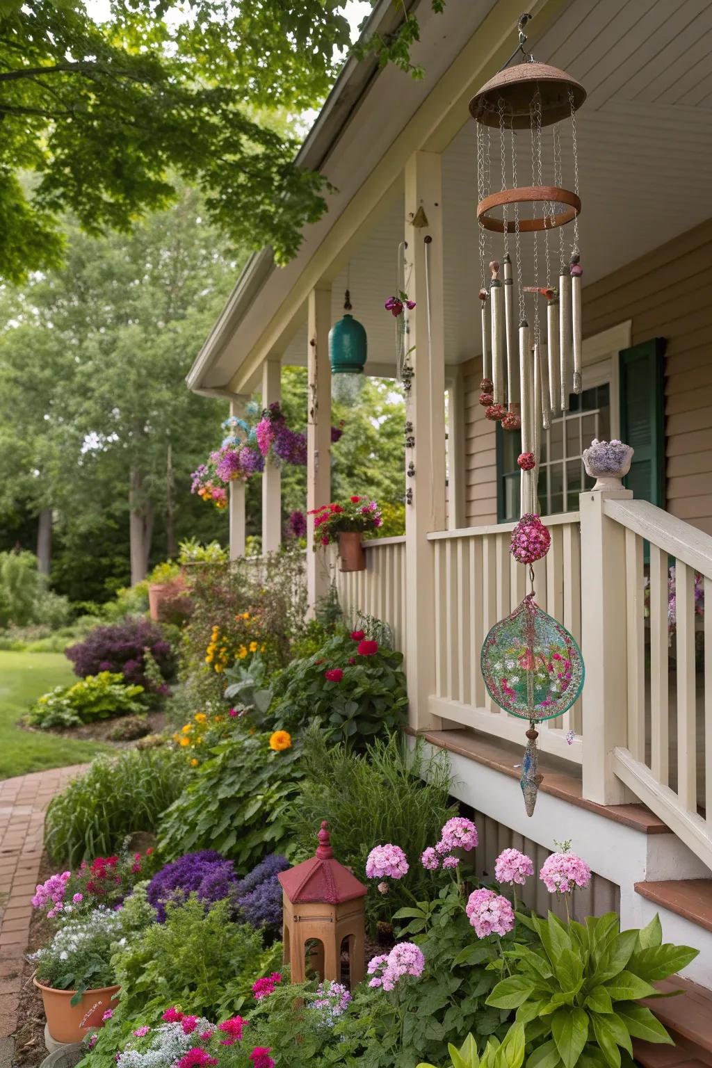 A raised porch adorned with whimsical wind chimes and garden ornaments.