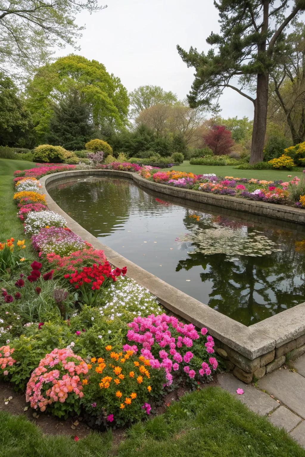 Bright flowers add vibrancy and charm to your pond area.