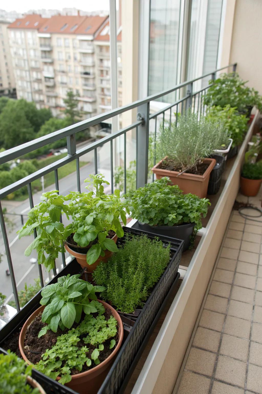 A lush balcony herb garden in a small space.