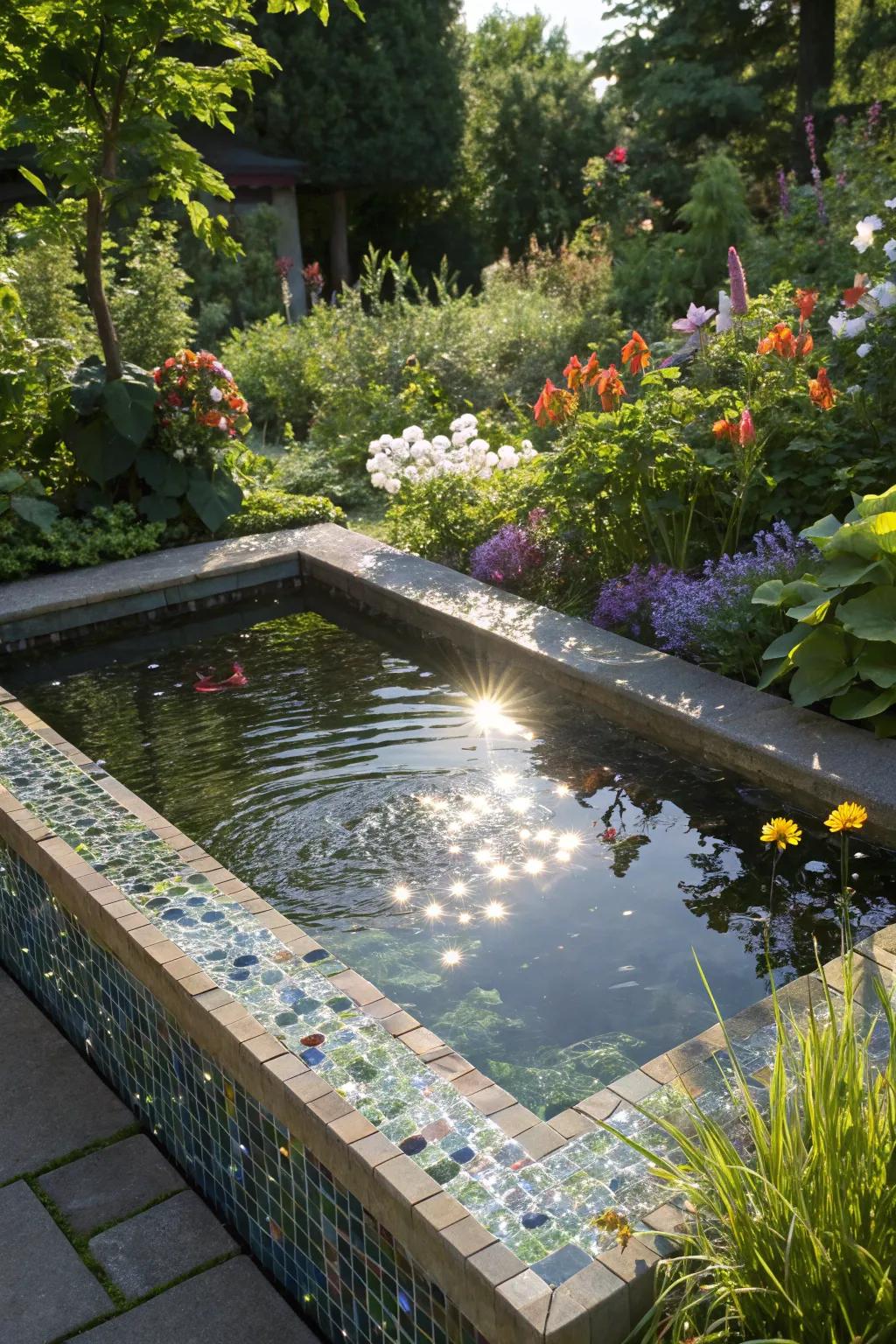 Glass tiles add a reflective, magical quality to this pond's edge.