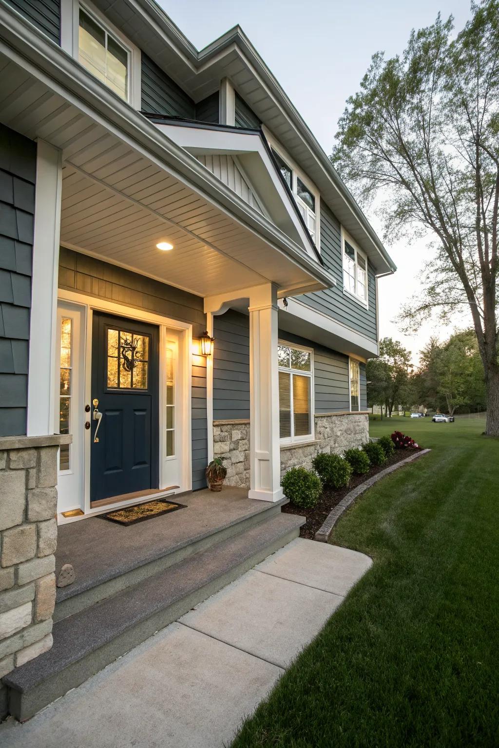 A raised ranch entrance with a stylish two-tone color scheme.