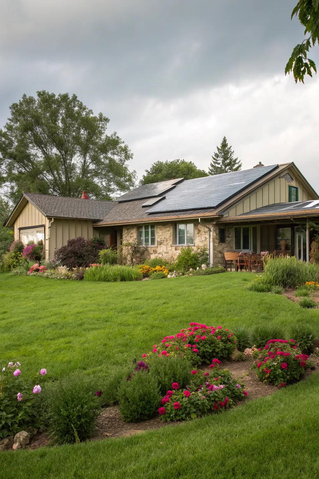 Eco-friendly features like solar panels enhance this ranch home's sustainability.