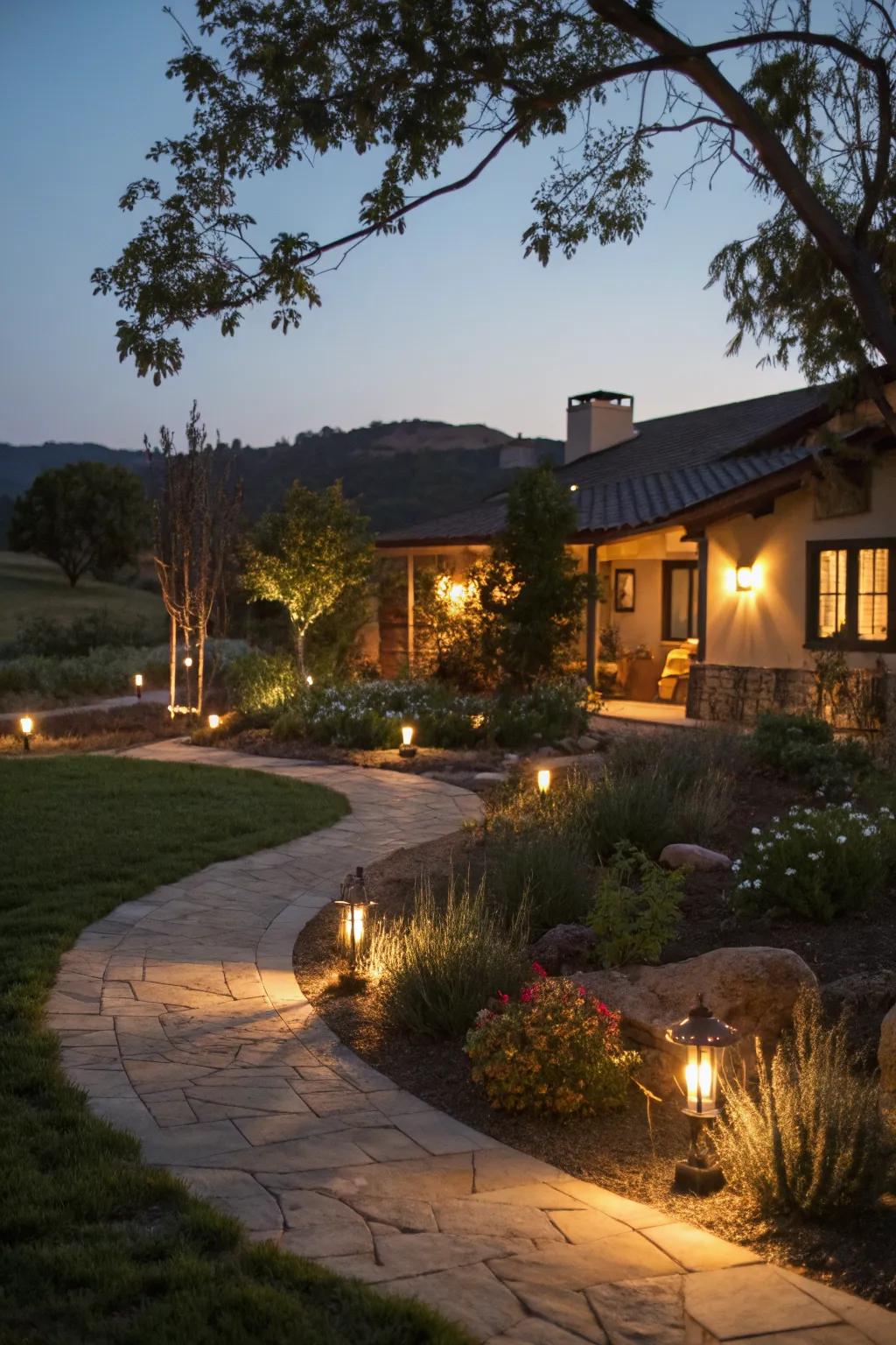 Outdoor lighting highlights your landscape at night.