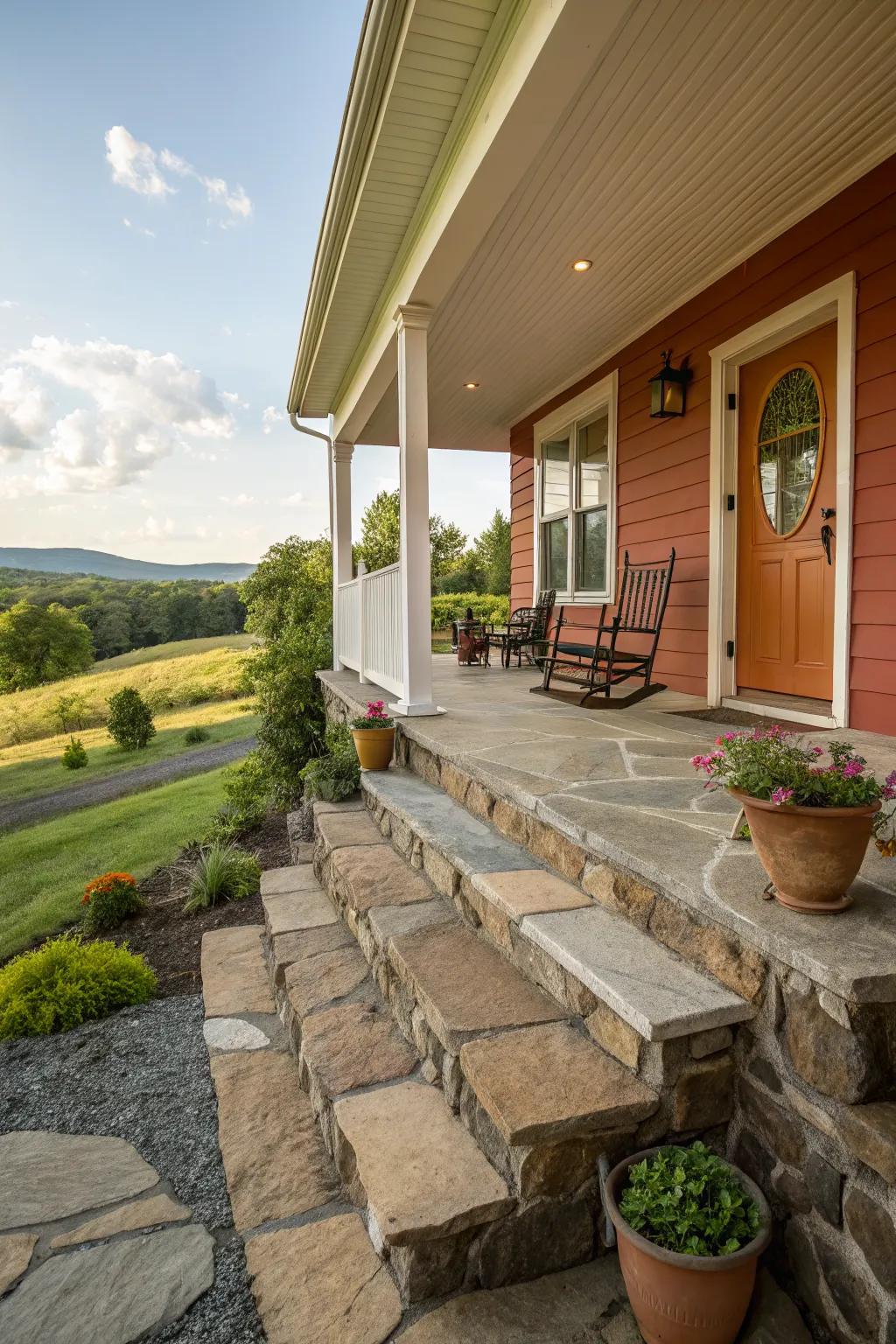 Natural stone adds elegance to this ranch house porch.