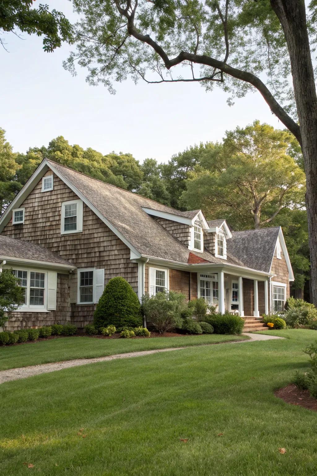 Mixed siding patterns create an eclectic and lively exterior.