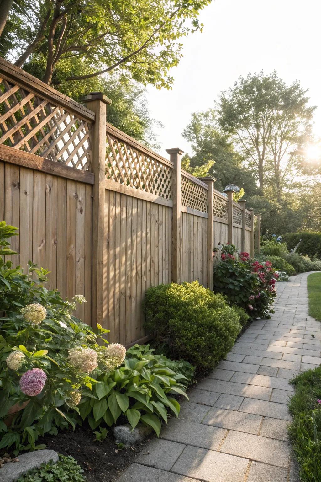 A lattice-topped fence offers privacy and airy elegance.