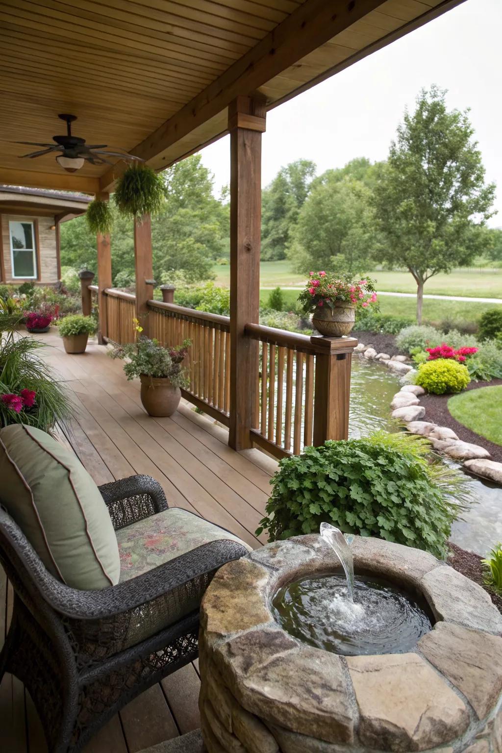 A small fountain adds a tranquil soundscape to the porch.