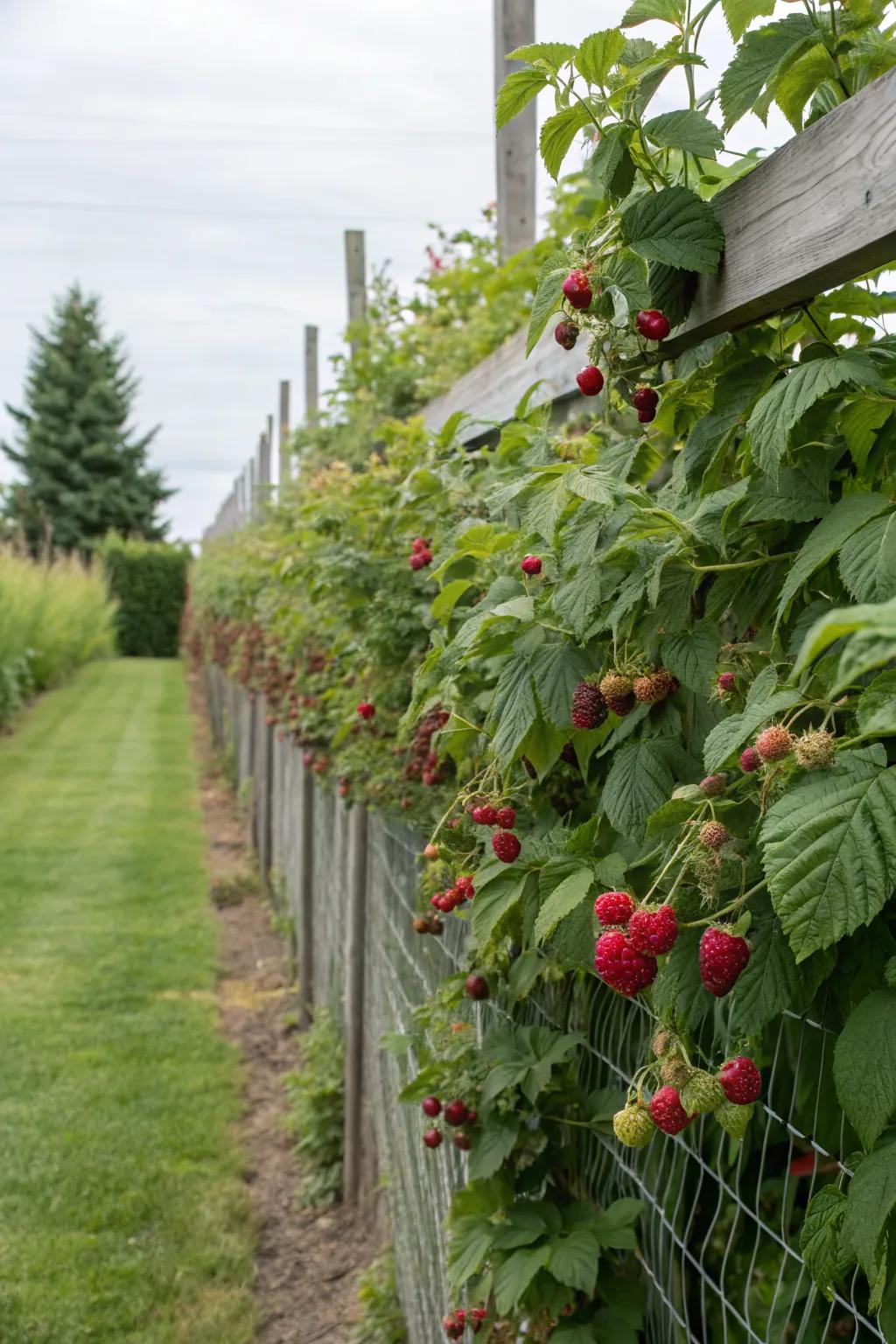 A living wall of raspberries adds beauty and privacy to any garden.