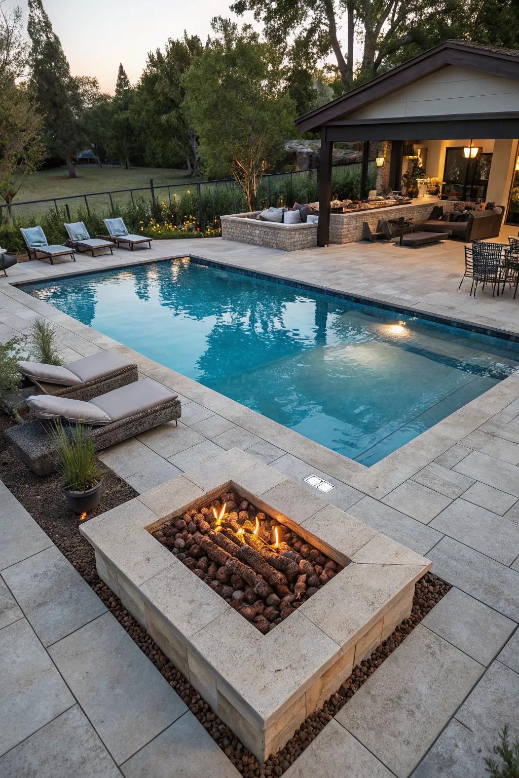 A rectangular pool complemented by a nearby sunken fire pit