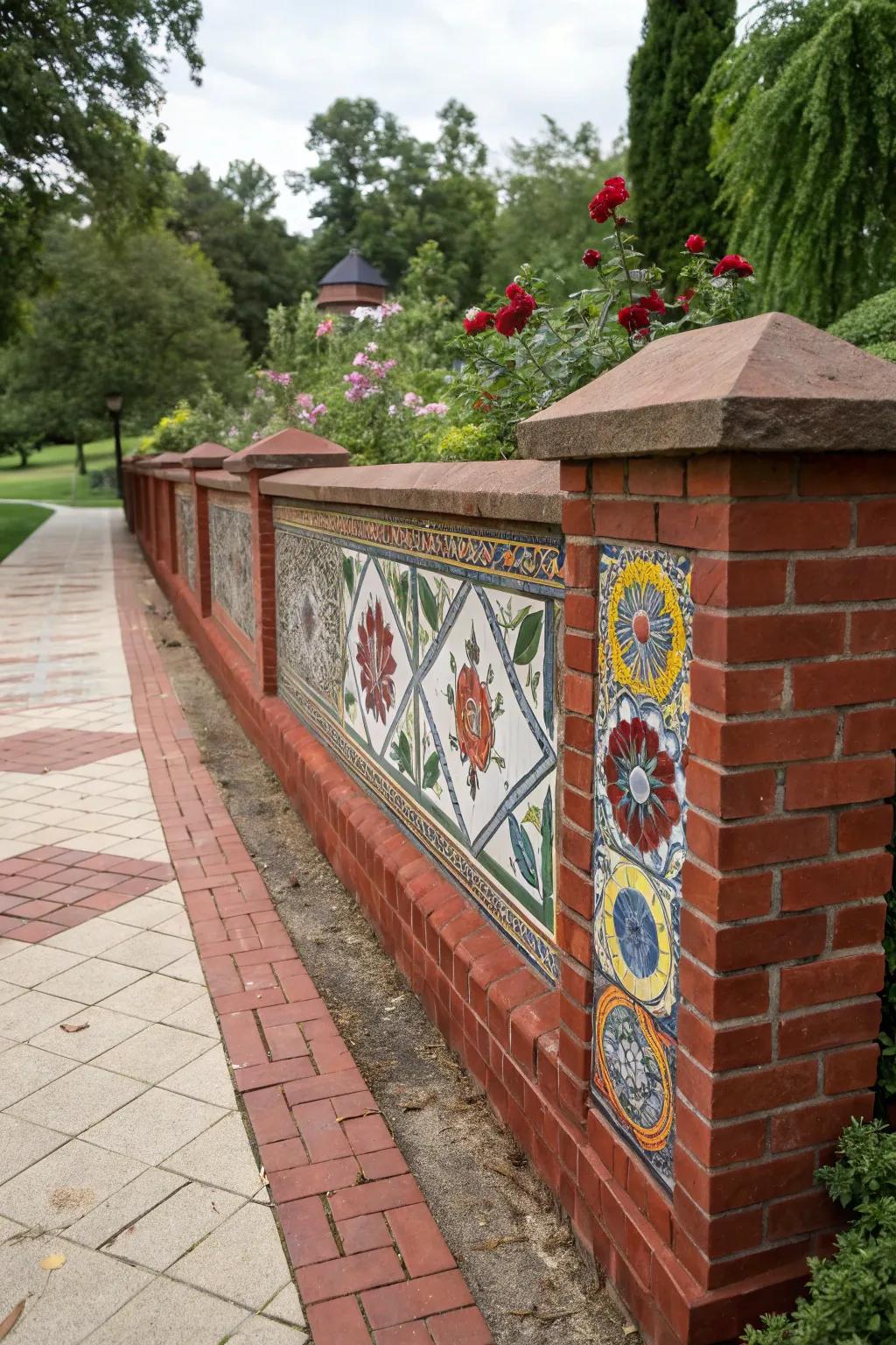 An artistic mosaic integrated into a red brick wall.