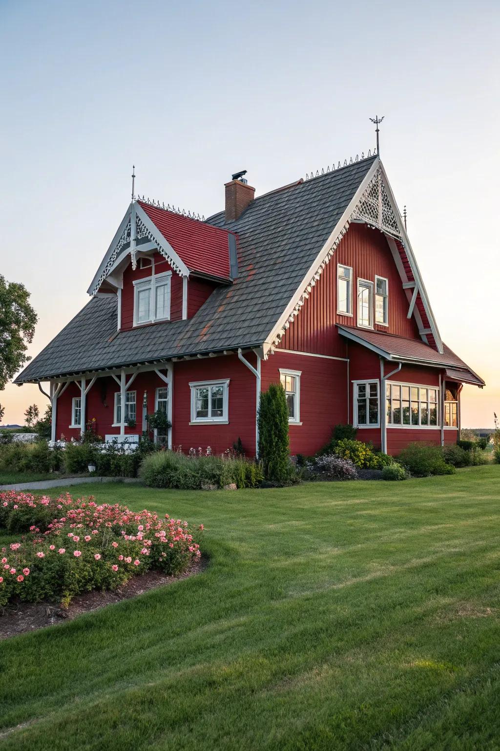 Architectural interest with a unique roof and red exterior.