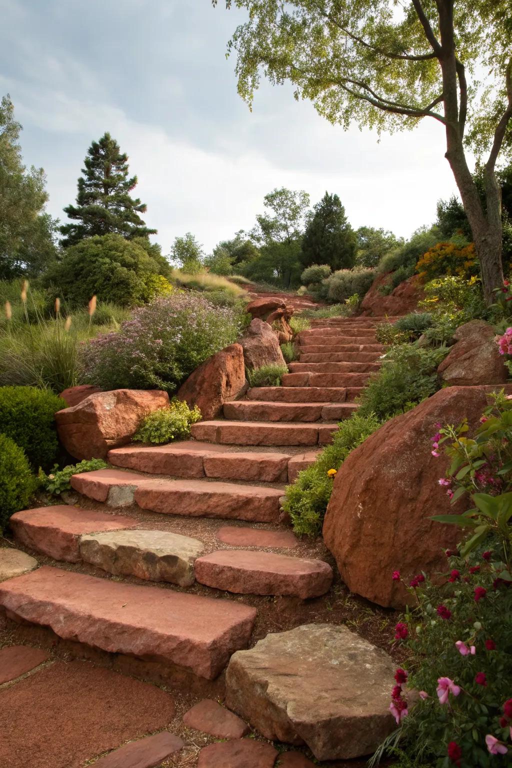 Red rocks enhance the beauty and cohesion of outdoor steps.