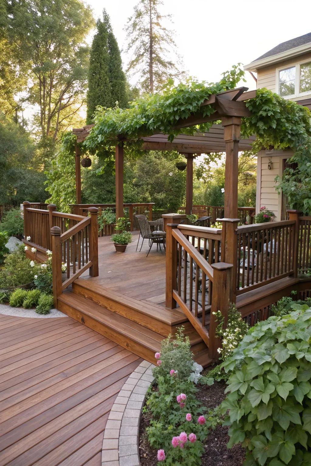 Shade and style with pergola-integrated railings.