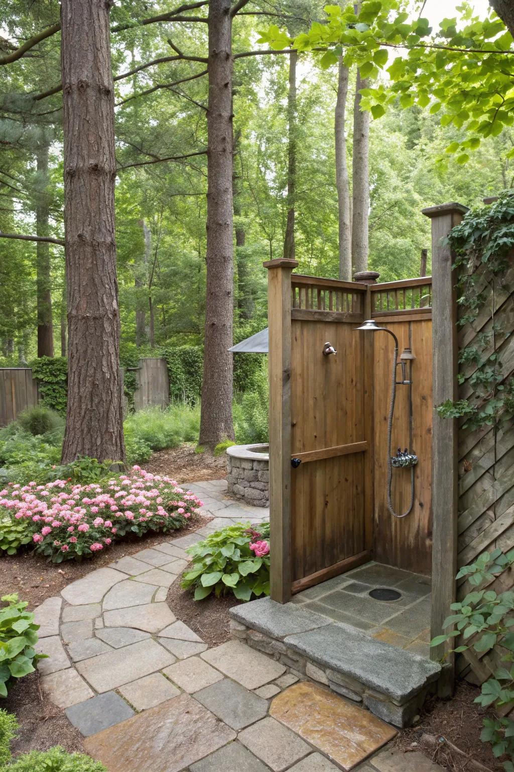 An outdoor shower offers a refreshing and liberating experience.