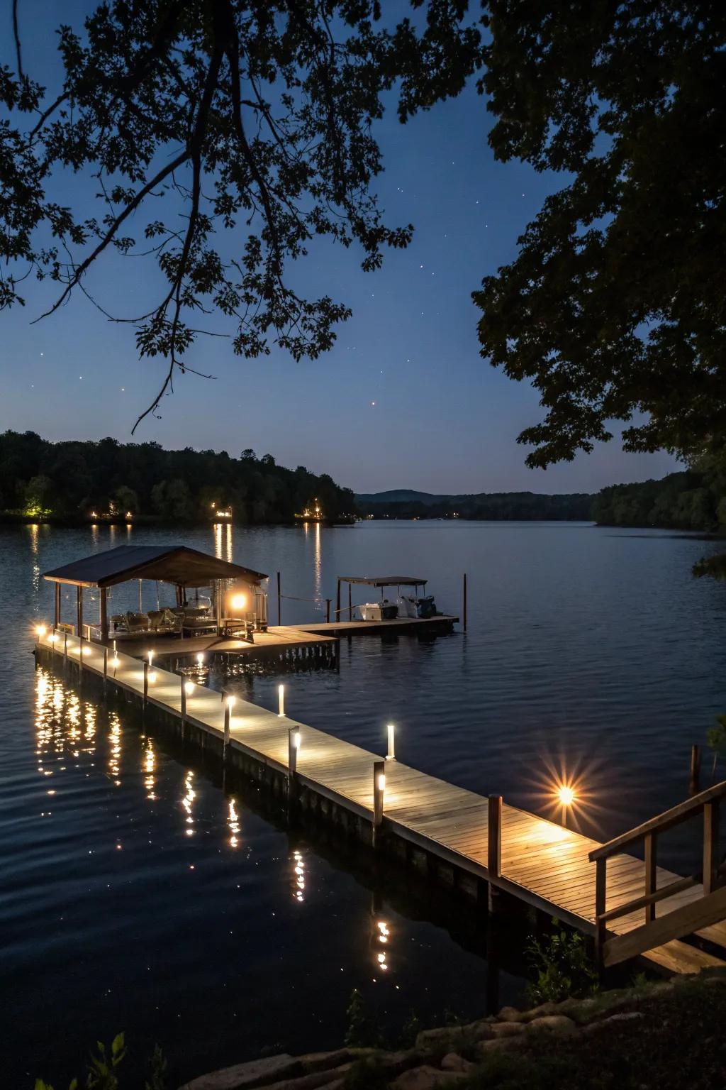 Underwater lights on a residential lake dock, creating a magical nighttime atmosphere.