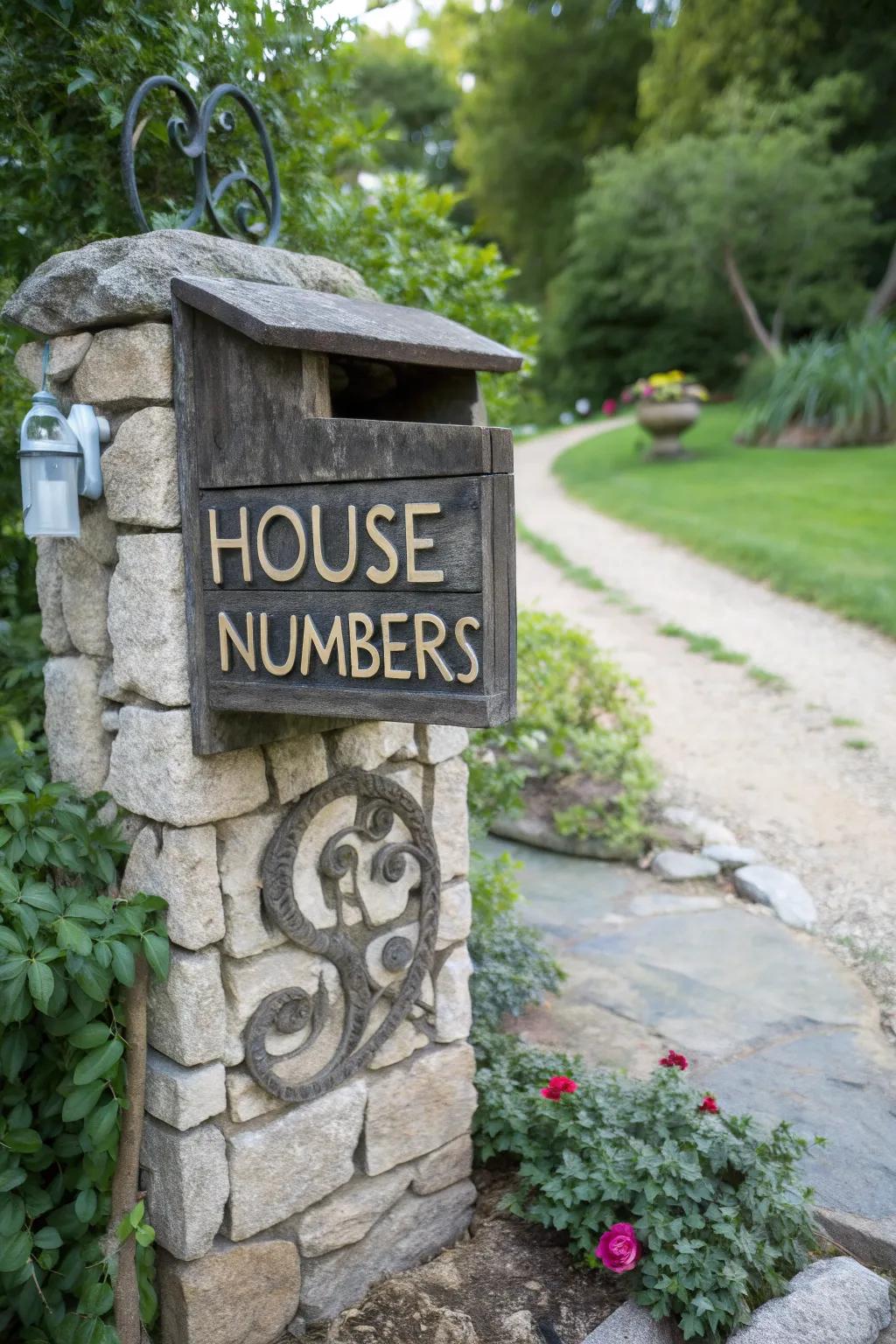 Creative house numbers add a decorative touch to this stone mailbox.