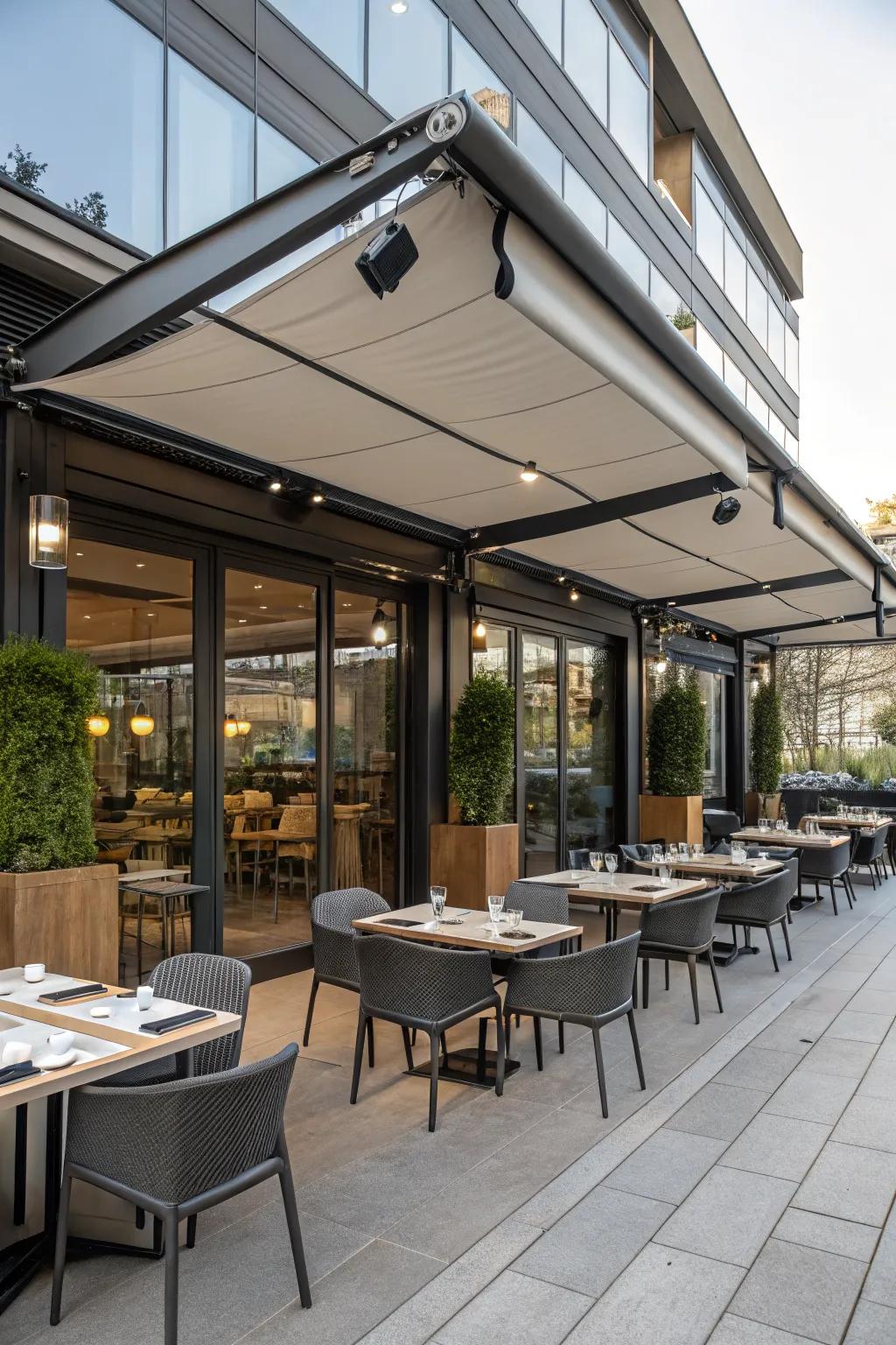 A modern patio equipped with a motorized cover.