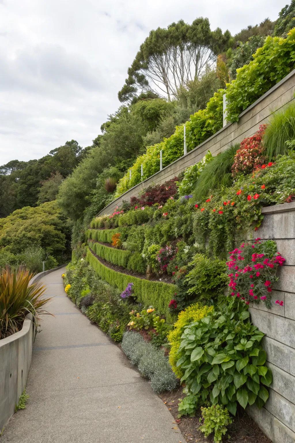 Maximize greenery with a vertical garden on your retaining wall.