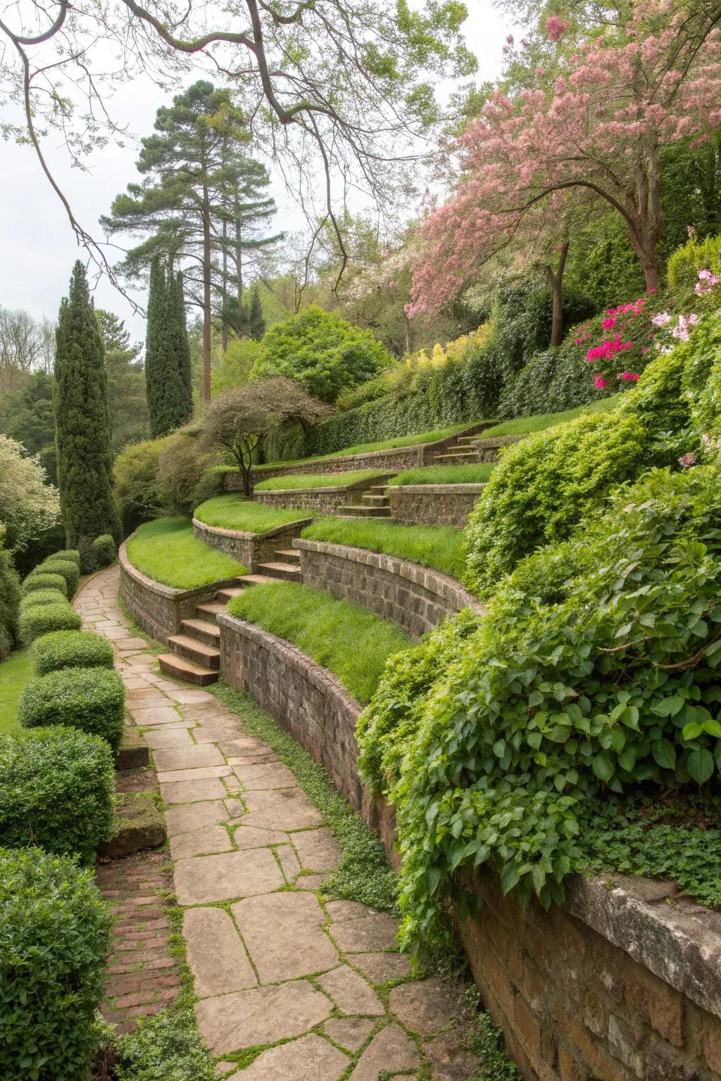 Terraced retaining walls providing a structured and serene garden setting.