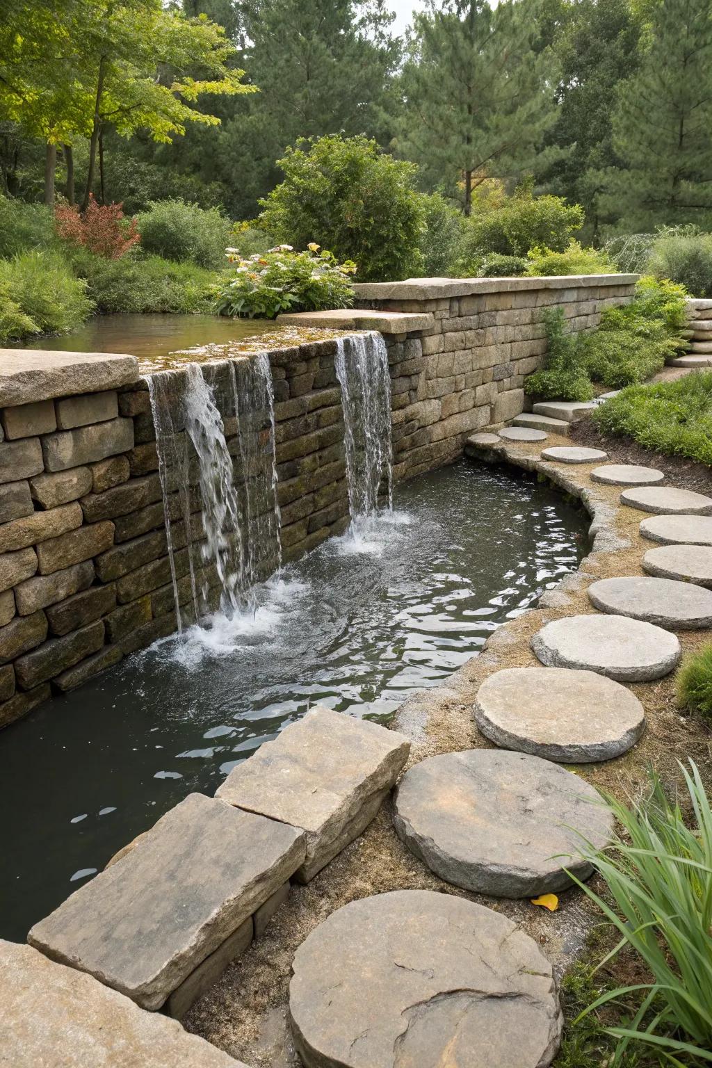 An interactive waterfall invites playful water exploration.