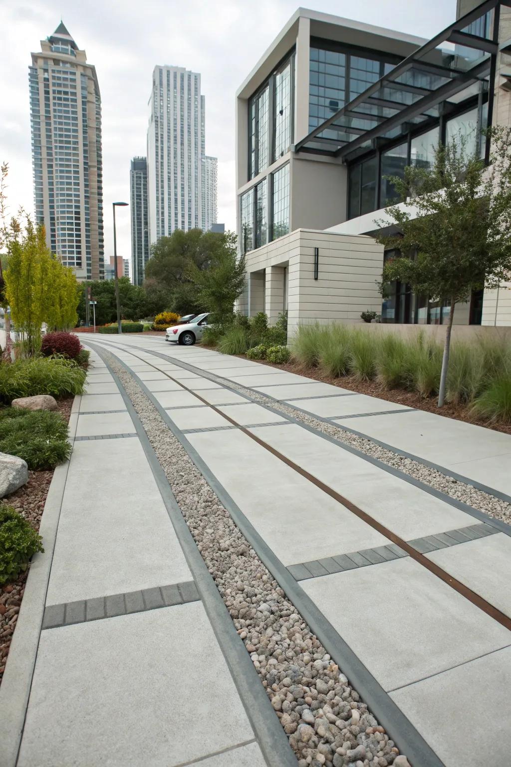An urban chic ribbon driveway with sleek poured concrete strips and a pebble center.
