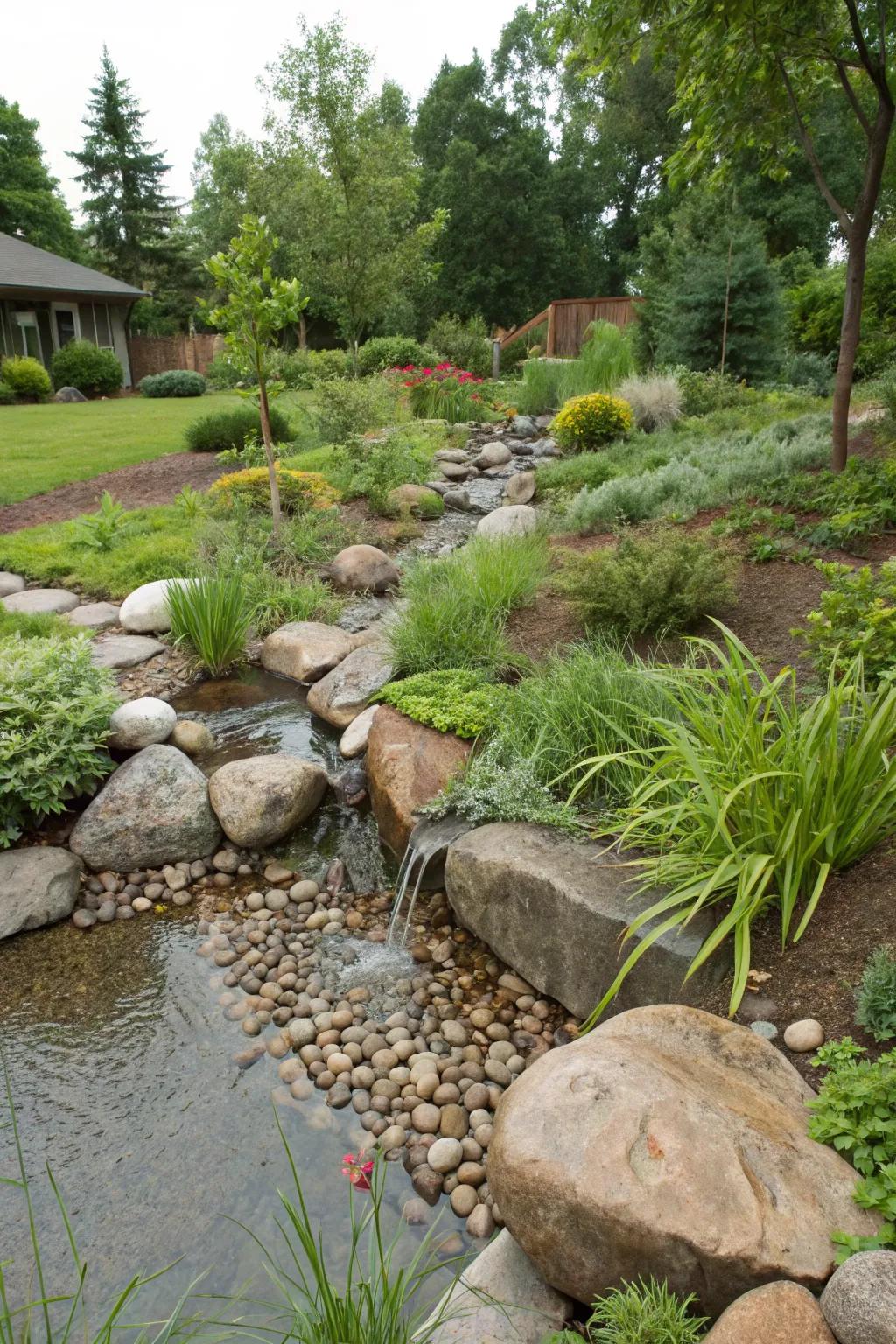 An eco-friendly rain garden using riprap stones to manage water and support native flora.