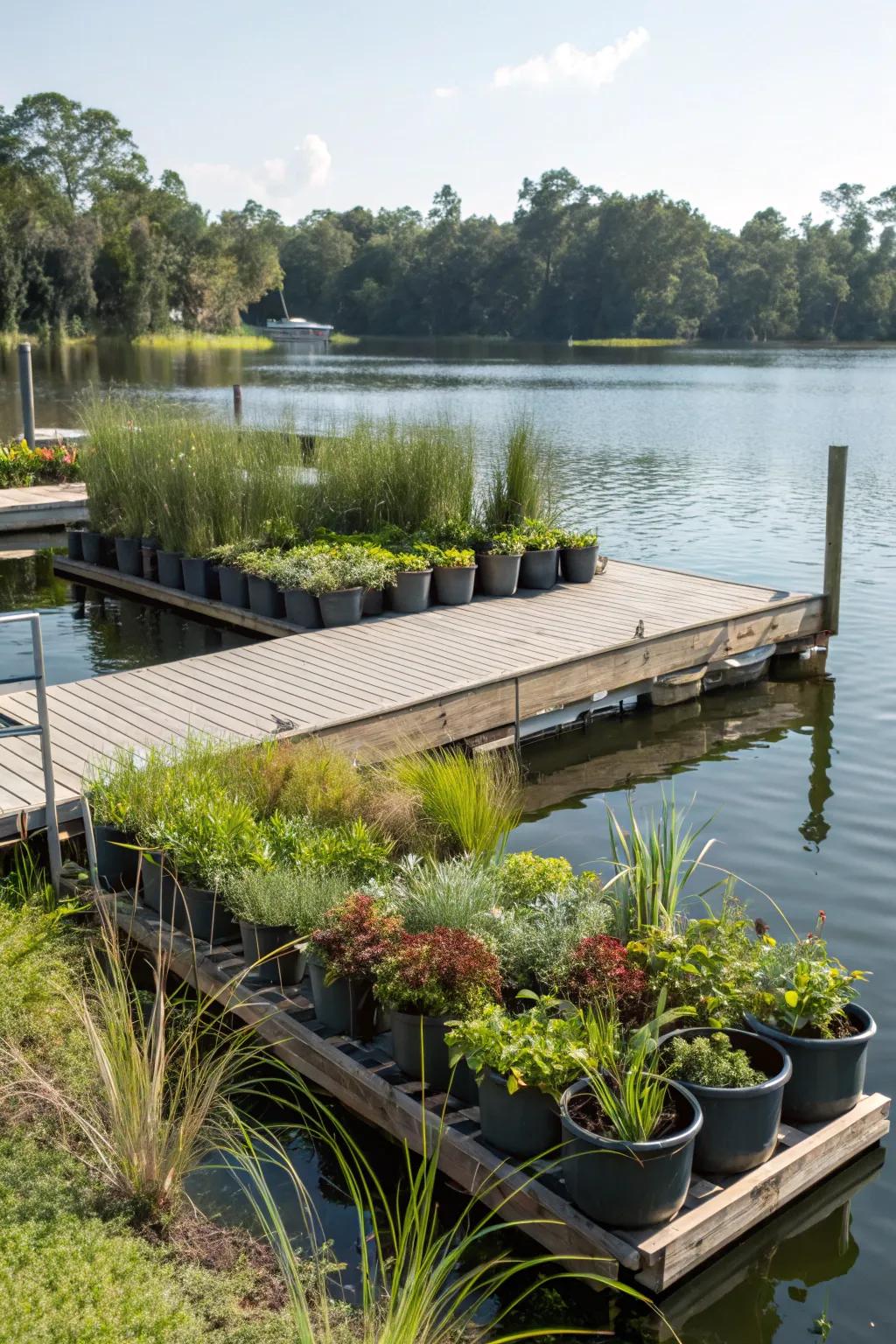 A vibrant floating garden adding natural beauty to the dock.